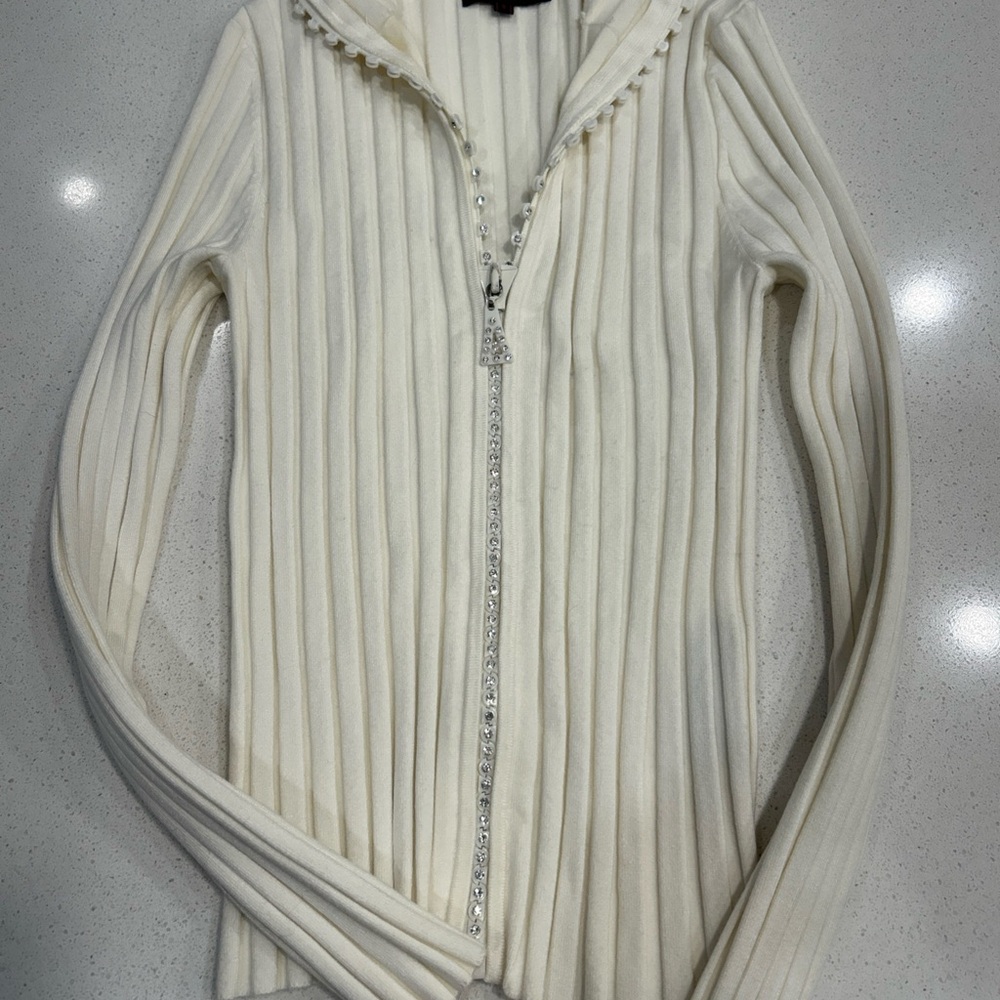 Ivory Ribbed Rhinestone Zip-Up Sweater S